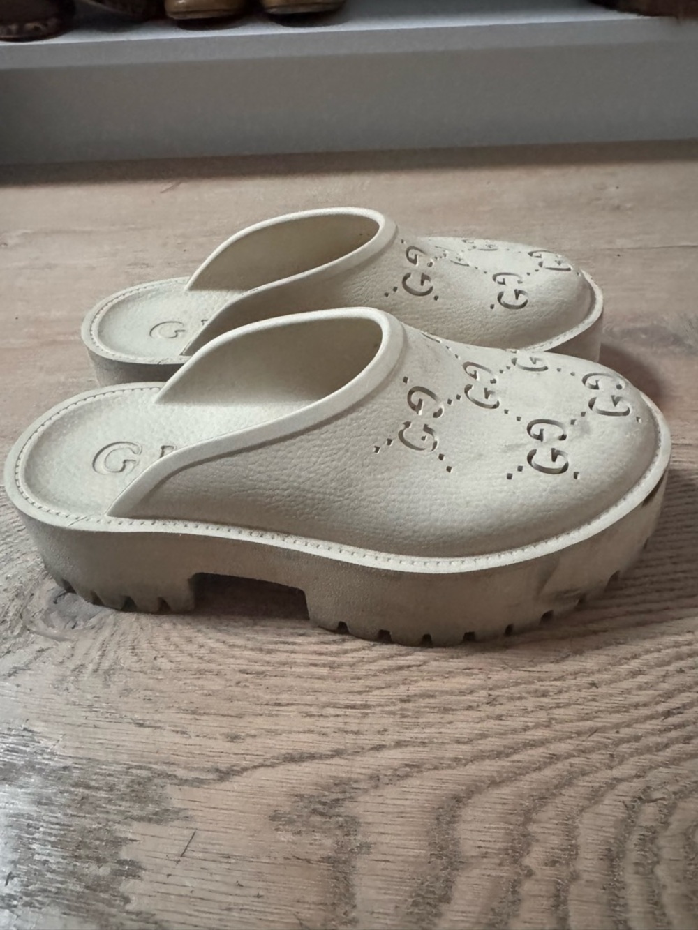 Gucci Cream Perforated GG Platform Clogs